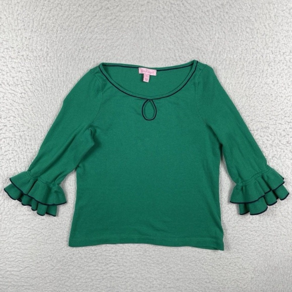 Lilly Pulitzer Sweater Womens Small Green Ruffles Keyhole Crop Top Career Preppy